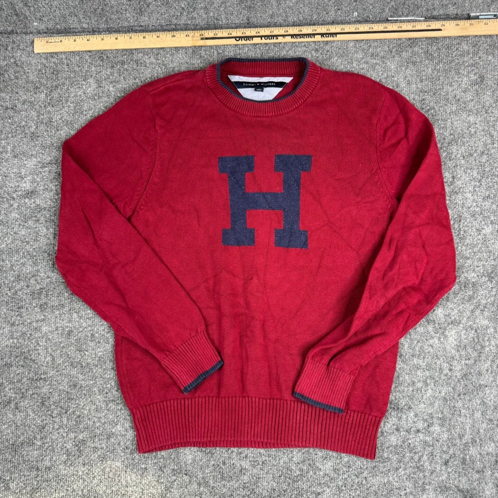 Tommy Hilfiger Sweater Mens Size M Red Cotton Knit Large H Logo Preppy Crewneck